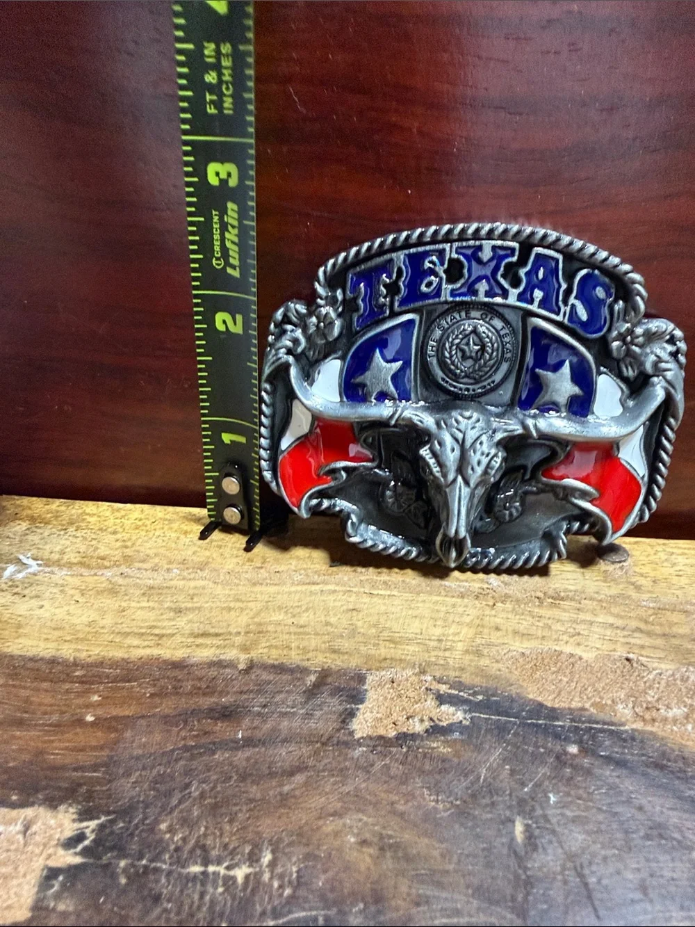 Texas Longhorn Western Belt Buckle - Blue & Red Enamel